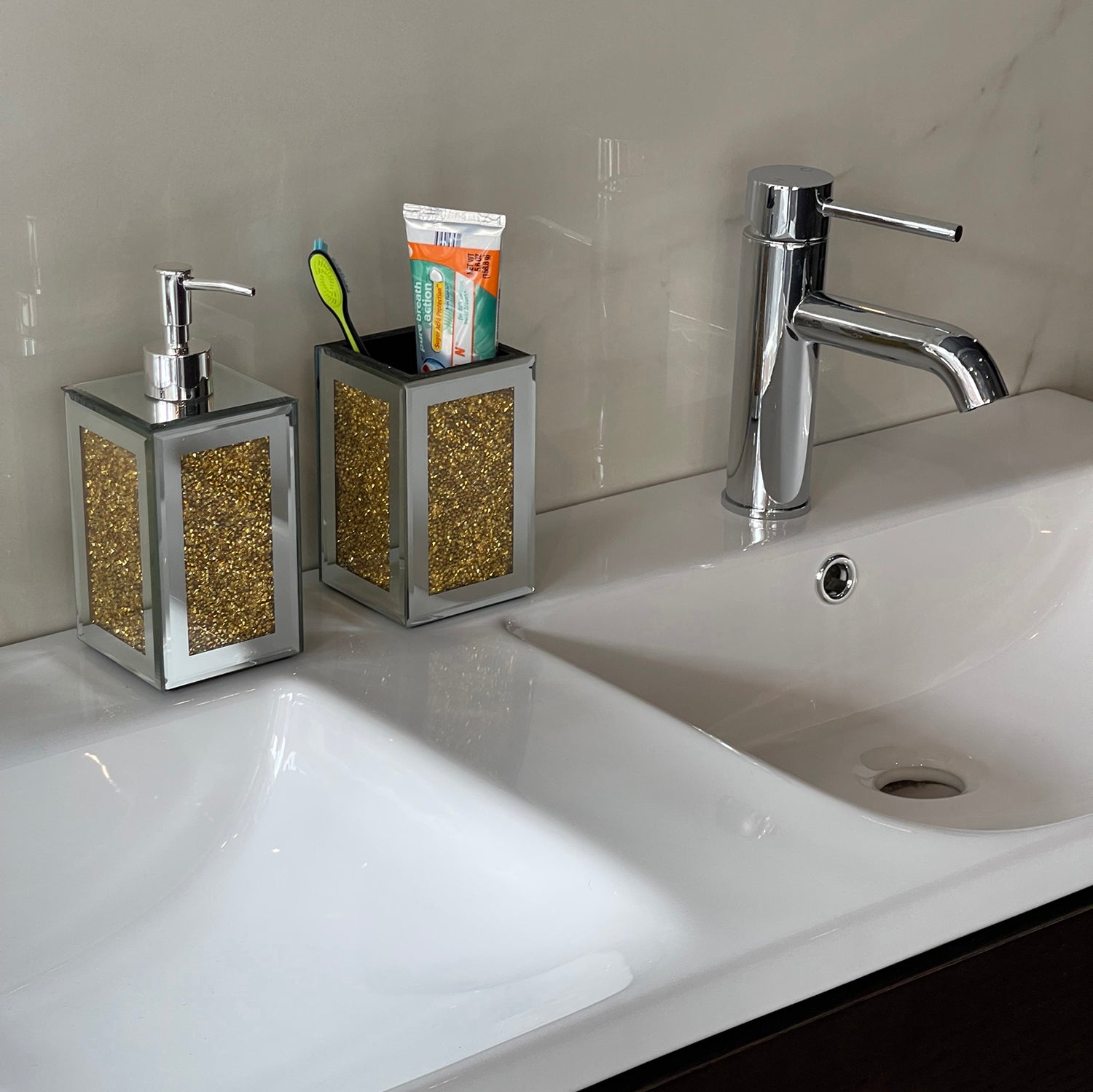Ambrose Exquisite 2 Piece Square Soap Dispenser And Toothbrush Holder Gold Glass