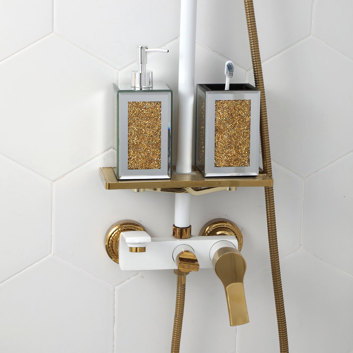 Ambrose Exquisite 2 Piece Square Soap Dispenser And Toothbrush Holder Gold Glass
