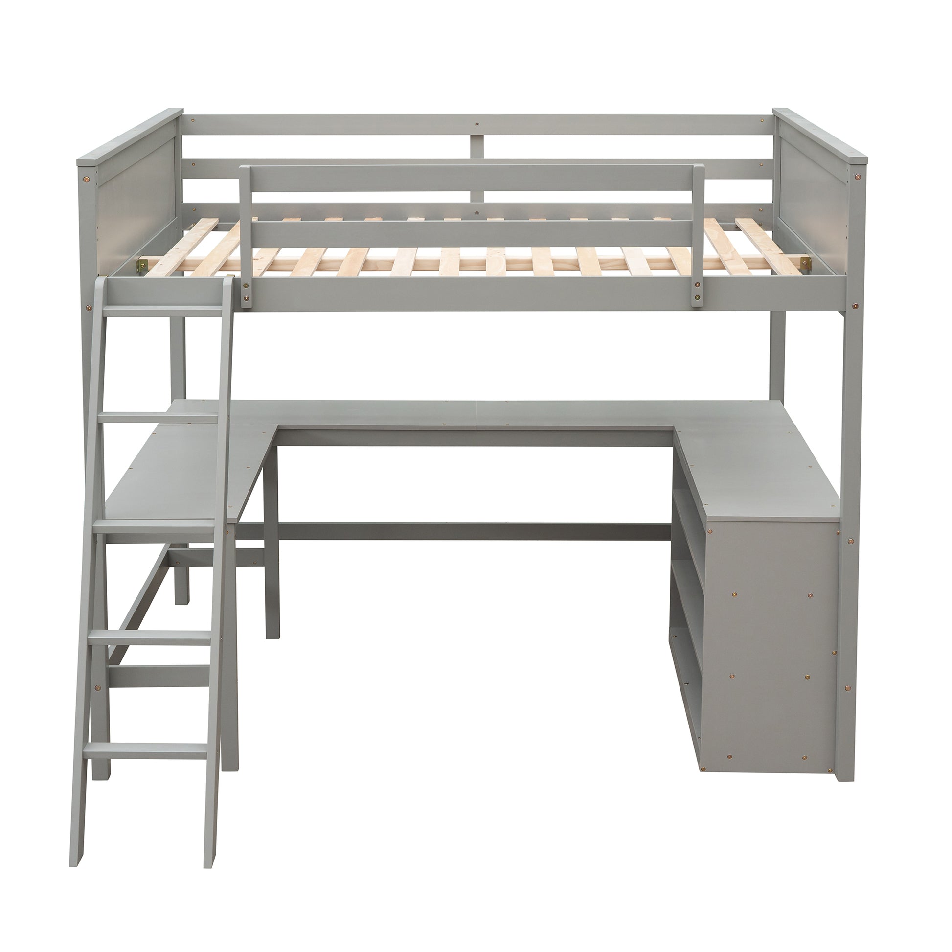 Full Size Loft Bed With Shelves And Desk, Wooden Loft Bed With Desk Gray Gray Solid Wood
