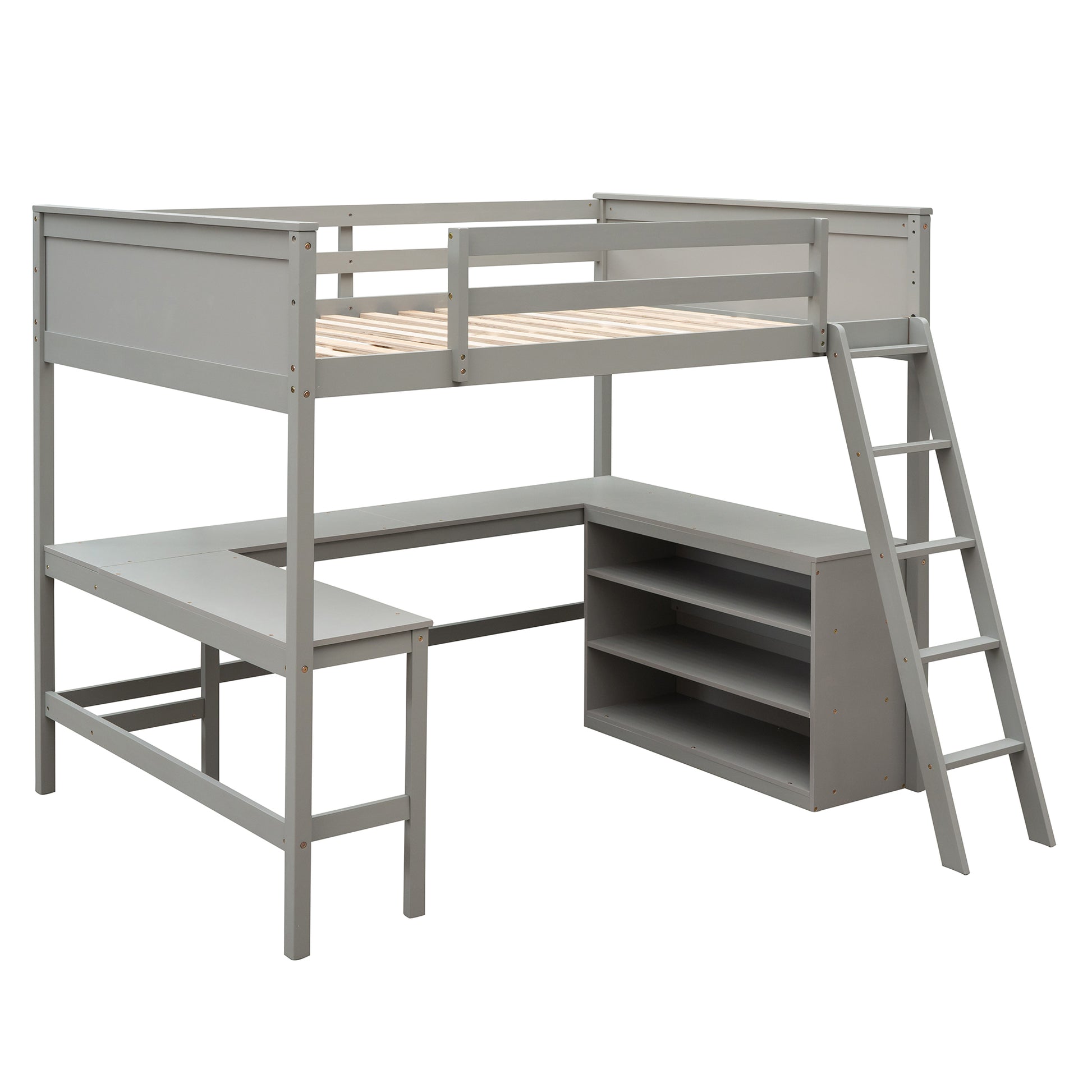 Full Size Loft Bed With Shelves And Desk, Wooden Loft Bed With Desk Gray Gray Solid Wood