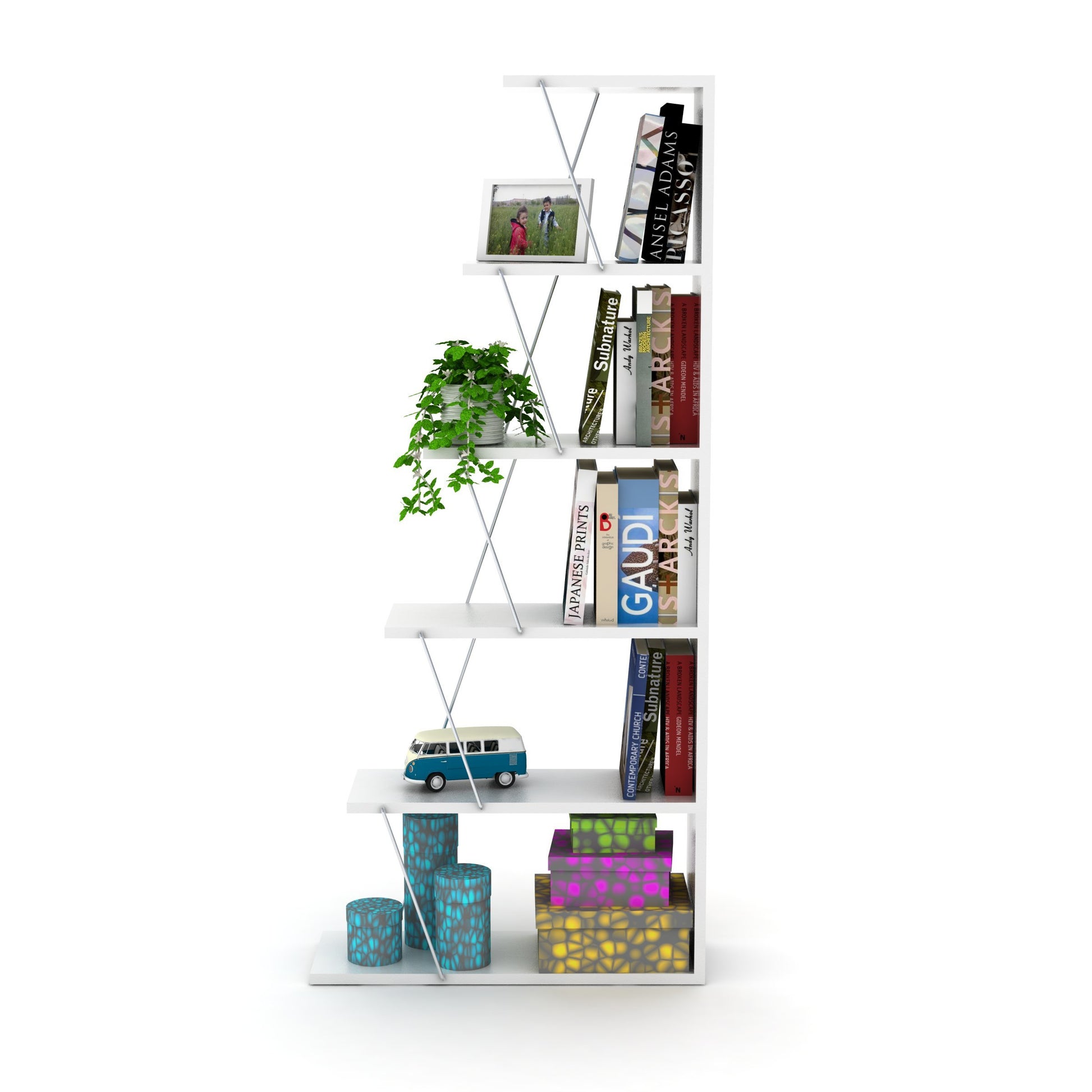 Furnish Home Store Modern 5 Tier Ladder Bookshelf Organizers, Narrow Bookshelf For Small Spaces Office Furniture Bookcase, White Chrome White Solid Wood