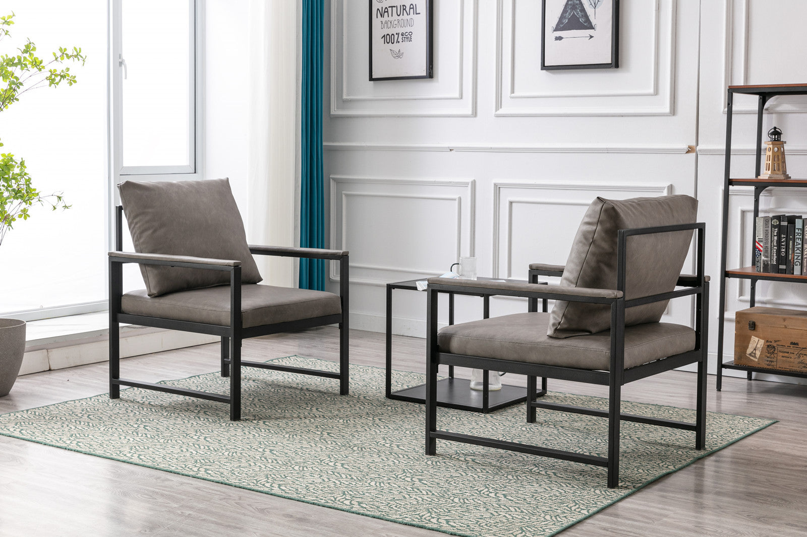 Modern Faux Leather Accent Chair With Black Powder Coated Metal Frame, Single Sofa For Living Room Bedroom, Gray Gray Foam Pu