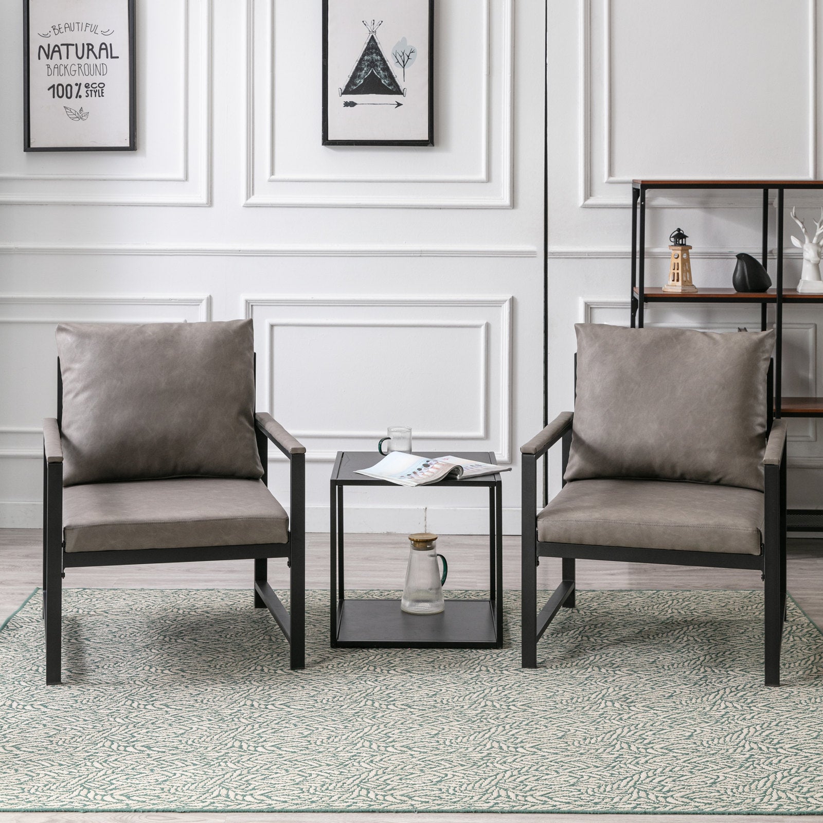 Modern Faux Leather Accent Chair With Black Powder Coated Metal Frame, Single Sofa For Living Room Bedroom, Gray Gray Foam Pu