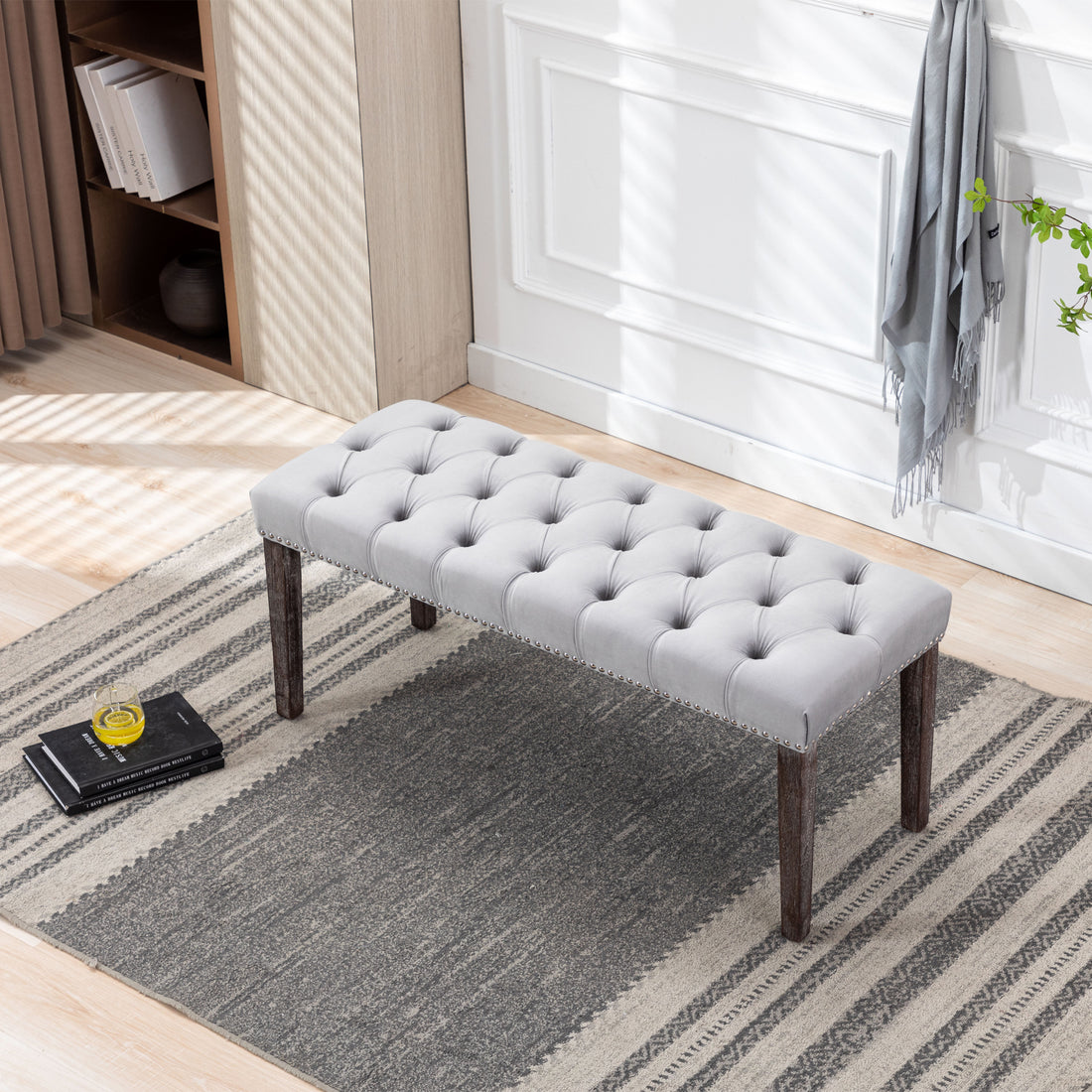 Heng Ming Upholstered Tufted Bench Ottomanvelvet Dining Bench Bedroom Bench Footrest Stool Accent Bench For Entryway Dining Room Living Room, Light Gray Light Grey Velvet