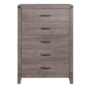 Brownish Gray Finish 1Pc Bedroom Chest Of 5 Drawers Melamine Laminate Dark Metal Hardware Corner Rivets Brown Gray Bedroom Wood