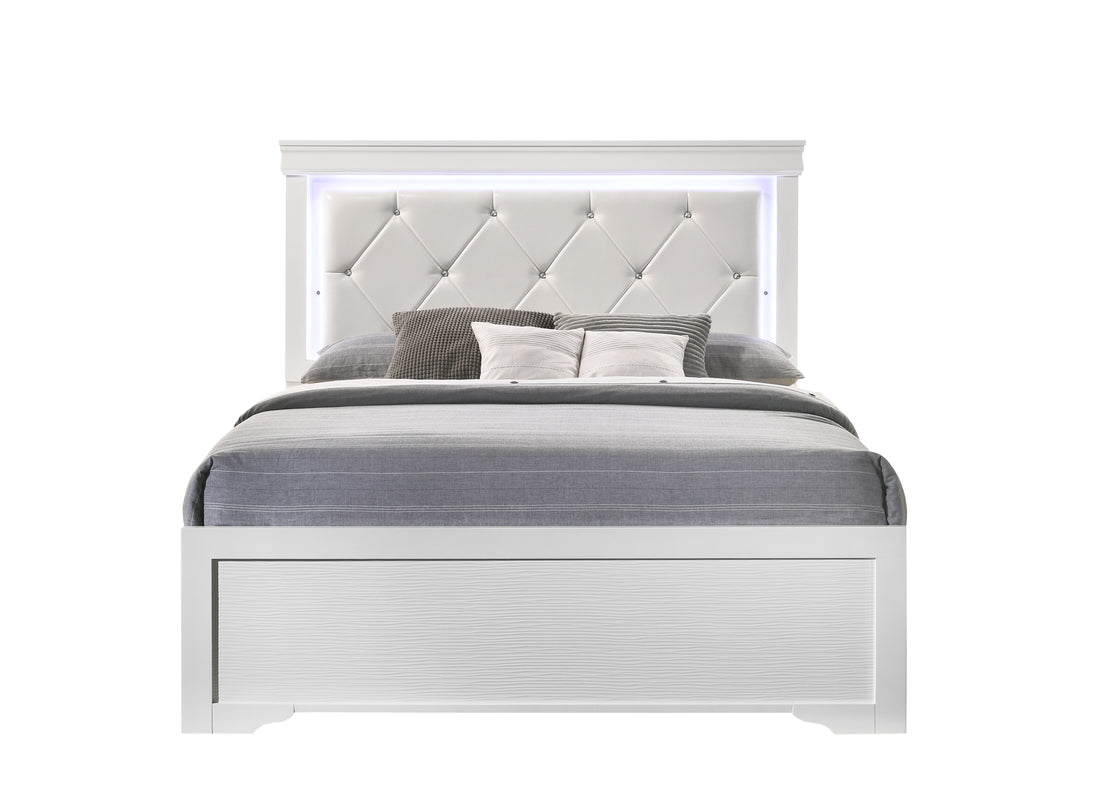 Full 5 Pc Tufted Upholstery Led Bedroom Set Made With Wood In White Box Spring Required Full White Wood 5 Piece Set Bedroom Bed Included,Chest Included,Dresser Included,Mirror Included,Nightstand