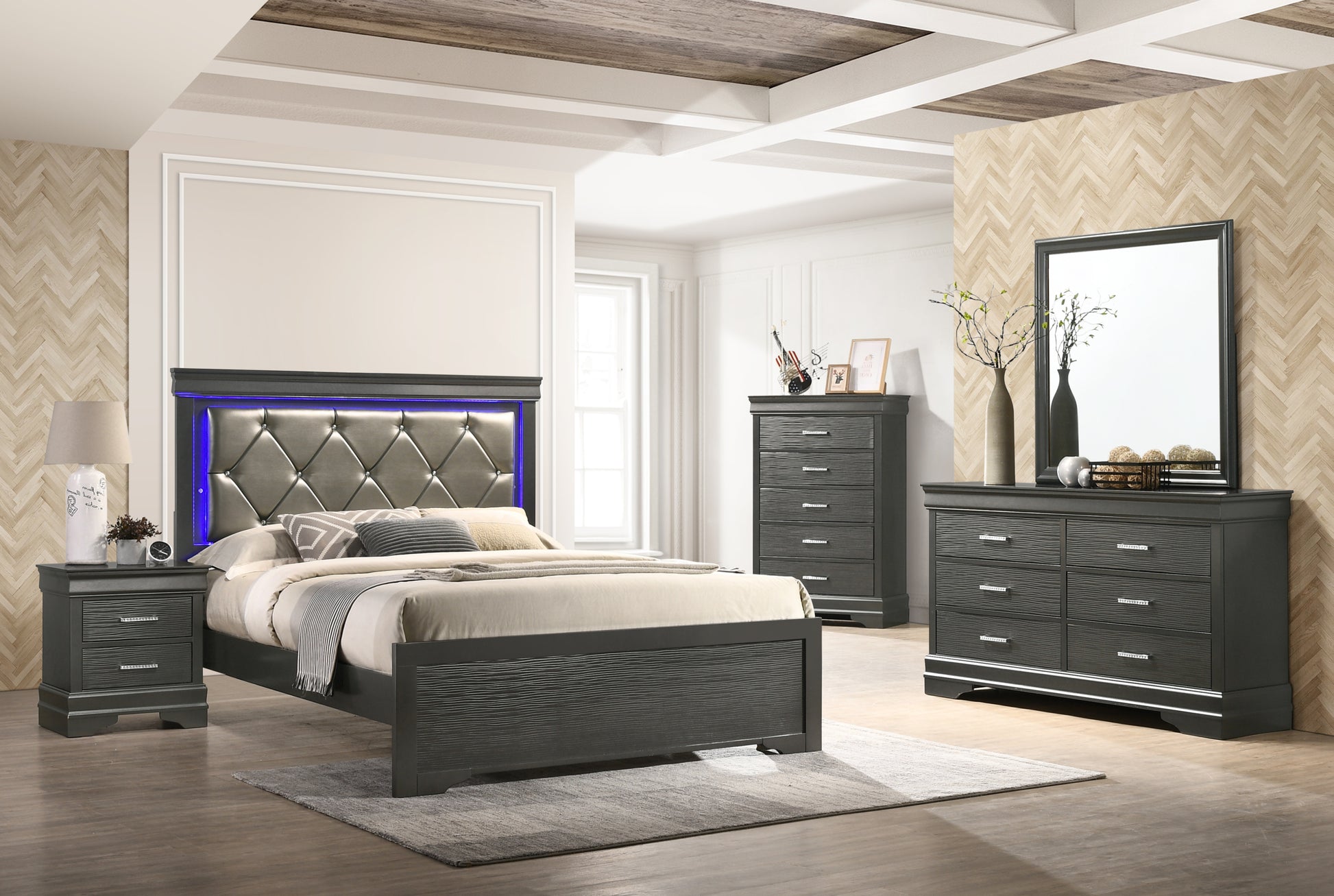 Brooklyn Twin 5 Pc Tufted Upholstery Led Bedroom Set Made With Wood In Gray Box Spring Required Twin Gray Wood 5 Piece Set Bedroom Bed Included,Chest Included,Dresser Included,Mirror Included,Nightstand Included Modern Acacia Upholstered Polyester Tufted