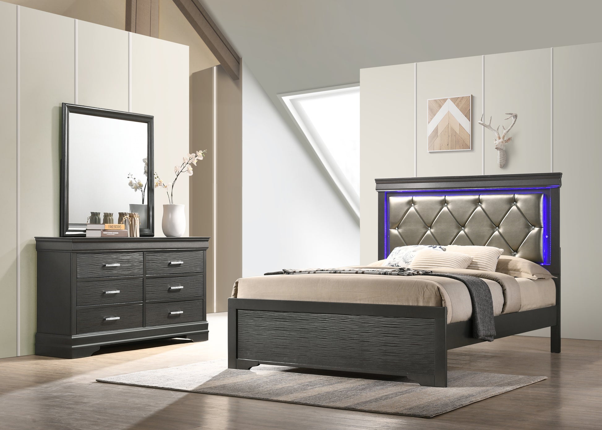 Brooklyn Twin 5 Pc Tufted Upholstery Led Bedroom Set Made With Wood In Gray Box Spring Required Twin Gray Wood 5 Piece Set Bedroom Bed Included,Chest Included,Dresser Included,Mirror Included,Nightstand Included Modern Acacia Upholstered Polyester Tufted