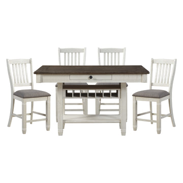 Antique White And Rosy Brown Counter Height Dining 5Pc Set Counter Height Table W Storage Display Shelf 4X Drawers Wine Rack And 4X Counter Height Chairs Wood Wood Antique White Seats 4 Wood Dining Room Casual Rectangular Dining Table With Chair Wood