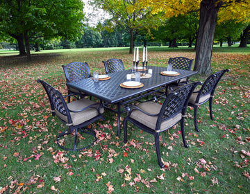 Rectangular 7 Piece 85.83" Long Aluminum Dining Set With Cushions Antique Brown Polyester Aluminum