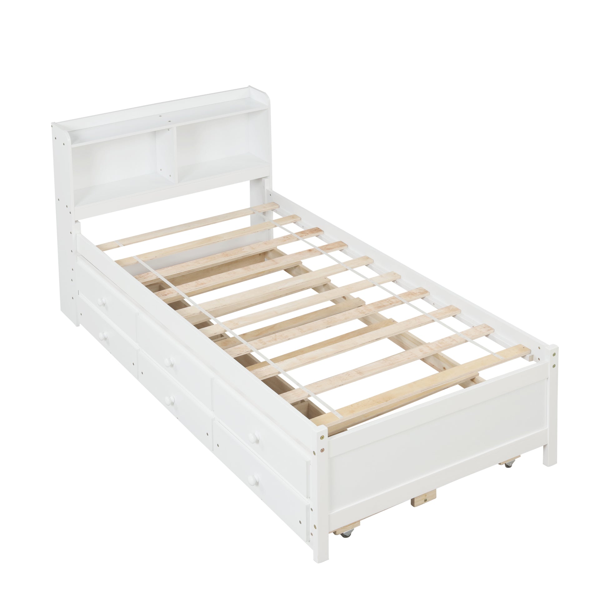 Twin Bed With Bookcase,Twin Trundle,Drawers,White Twin White Pine