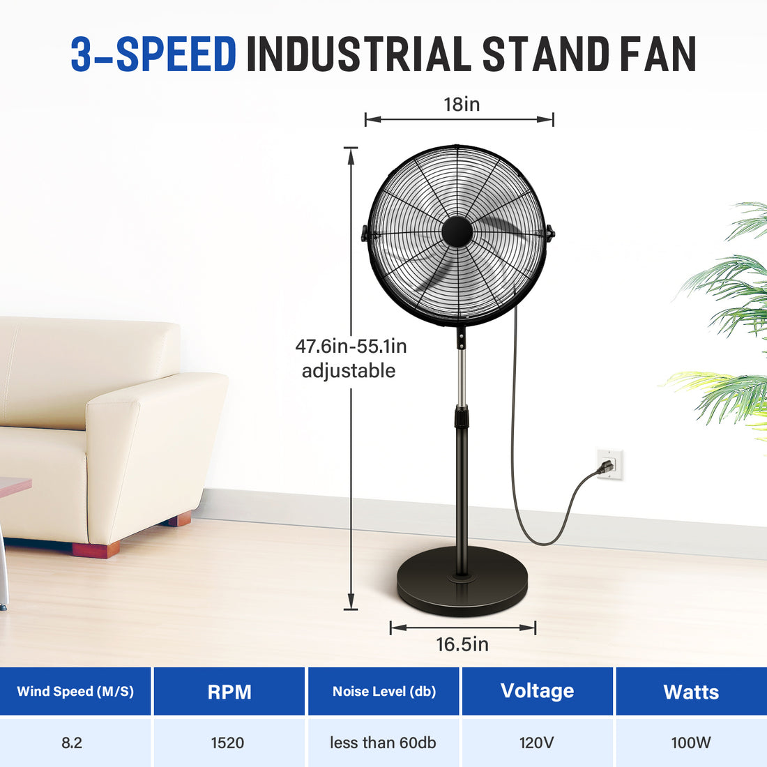 Simple Deluxe 18 Inch Pedestal Standing Fan, High Velocity, Heavy Duty Metal For Industrial, Commercial, Residential, Greenhouse Use, Black Black Metal