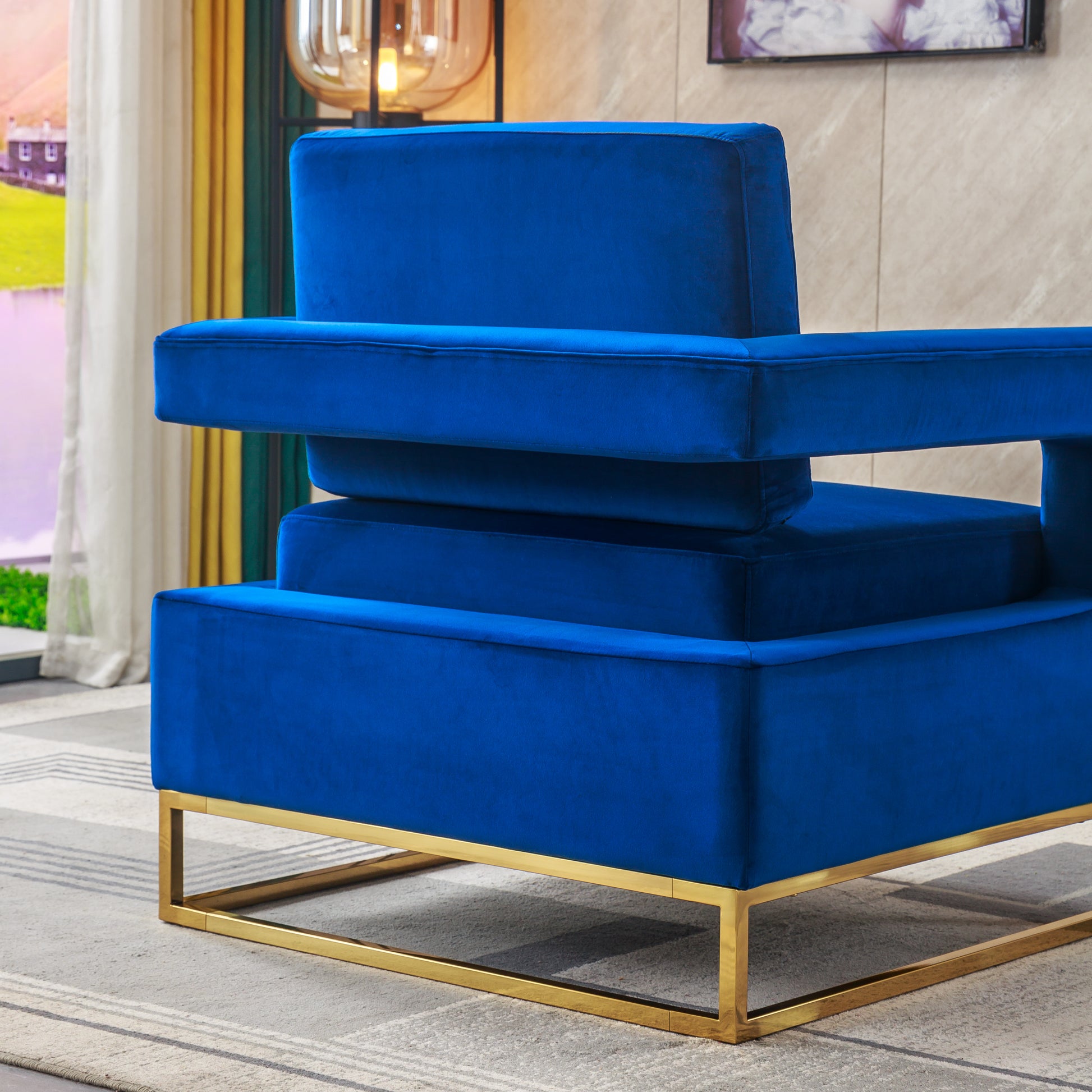 Modern Velvet Accent Chair, Elegant Armchair With Stainless Steel Base Blue Velvet