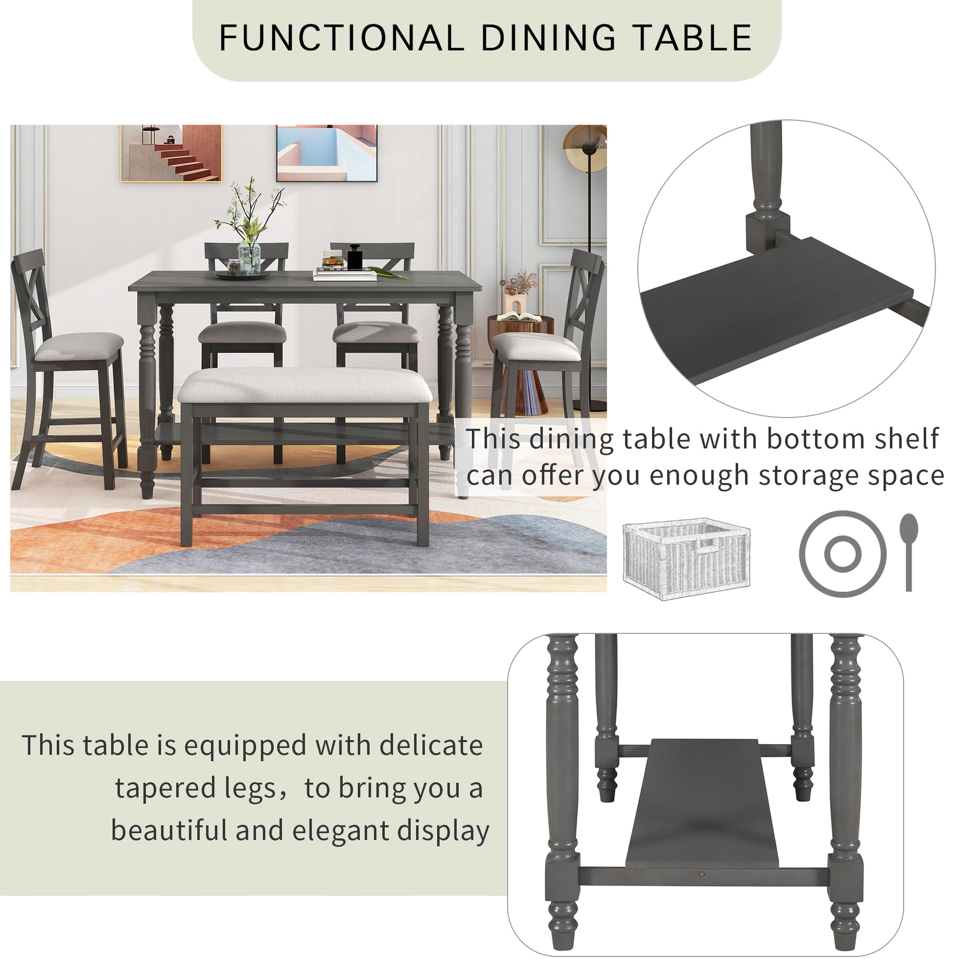 6 Piece Counter Height Dining Table Set Table With Shelf 4 Chairs And Bench For Dining Room Gray Gray Solid Wood