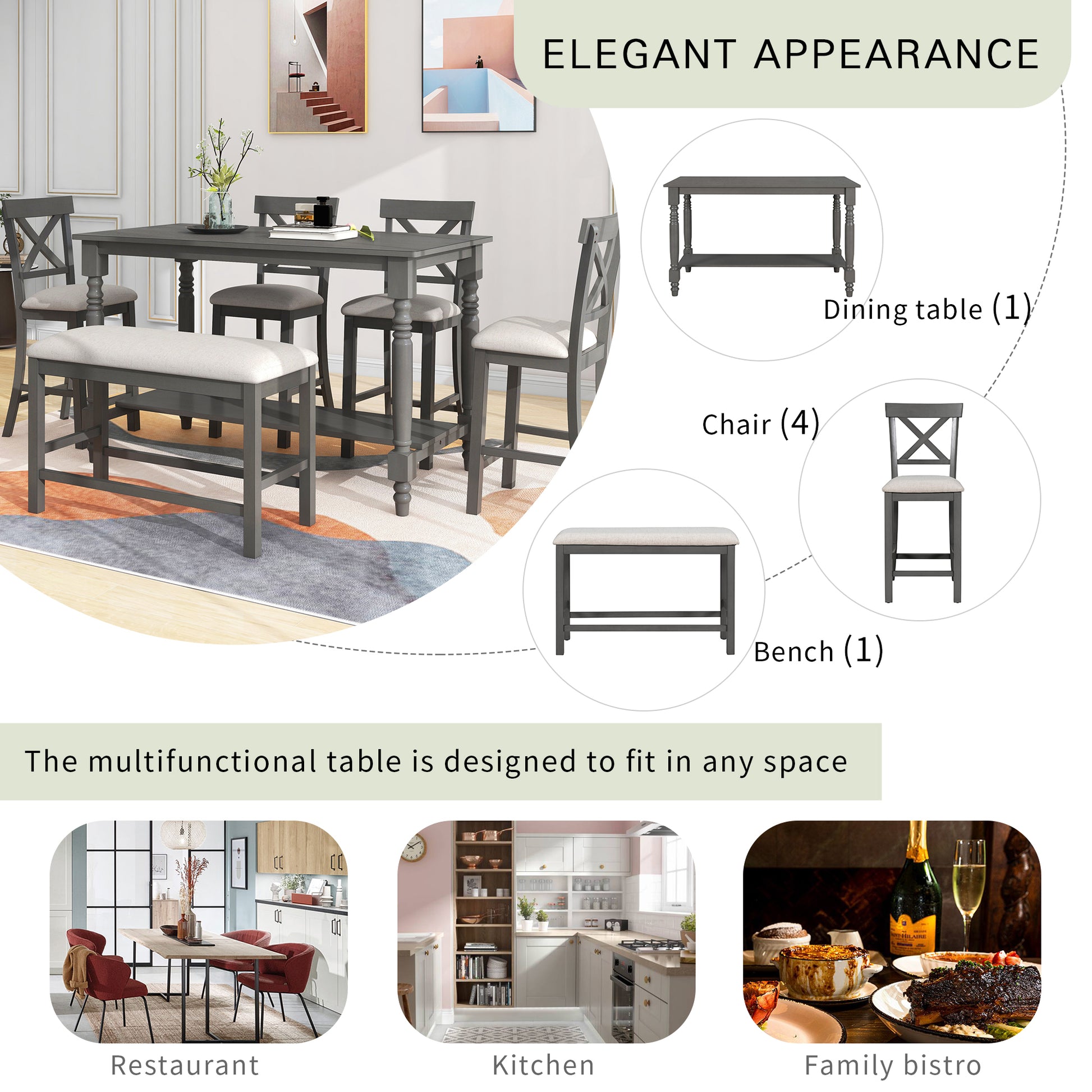 6 Piece Counter Height Dining Table Set Table With Shelf 4 Chairs And Bench For Dining Room Gray Gray Solid Wood