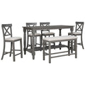 6 Piece Counter Height Dining Table Set Table With Shelf 4 Chairs And Bench For Dining Room Gray Gray Solid Wood