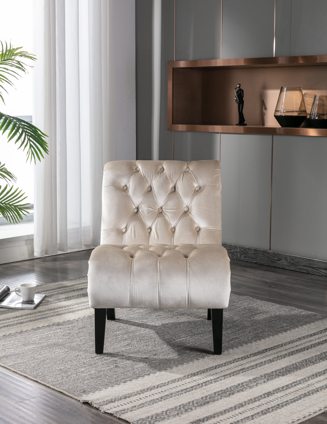 Coolmore Modern Velvet Armless Accent Living Room Chair Leisure Chair,Upholstered Fabric Button Comfortable Chair With Wooden Legs For Bedroom, Living Room, Office Beige Velvet Beige Foam Velvet
