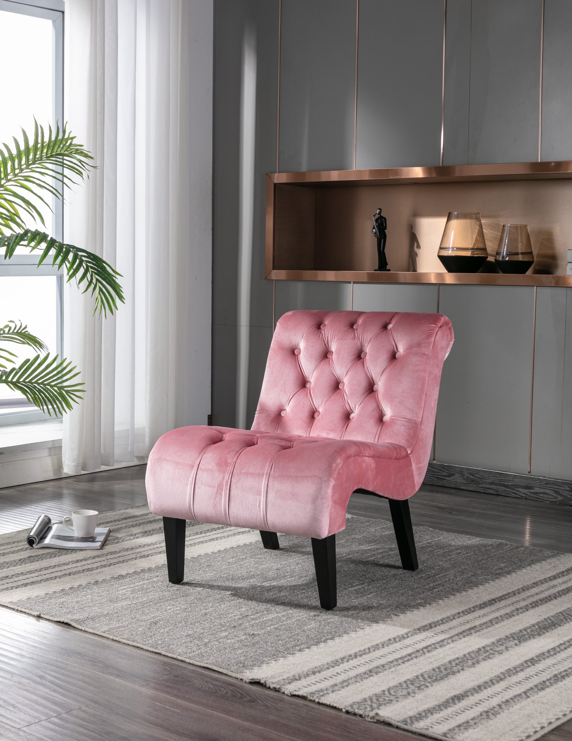 Coolmore Modern Velvet Armless Accent Living Room Chair Leisure Chair,Upholstered Fabric Button Comfortable Chair With Wooden Legs For Bedroom, Living Room, Office Pink Velvet Pink Primary Living Space Foam Velvet