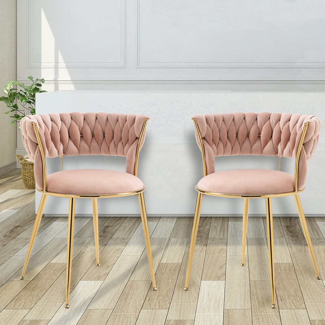 Coolmore Velvet Dining Chairs Set Of 2, Woven Upholstered Dining Chairs With Gold Metal Legs, Modern Accent Chairs For Living Room, Dining Room, Kitchen Pink Velvet Pink Foam Velvet