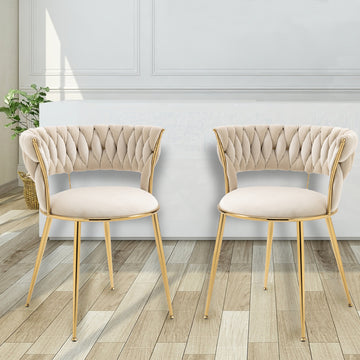 Coolmore Velvet Dining Chairs Set Of 2, Woven Upholstered Dining Chairs With Gold Metal Legs, Modern Accent Chairs For Living Room, Dining Room, Kitchen Ivory Velvet Ivory Foam Velvet