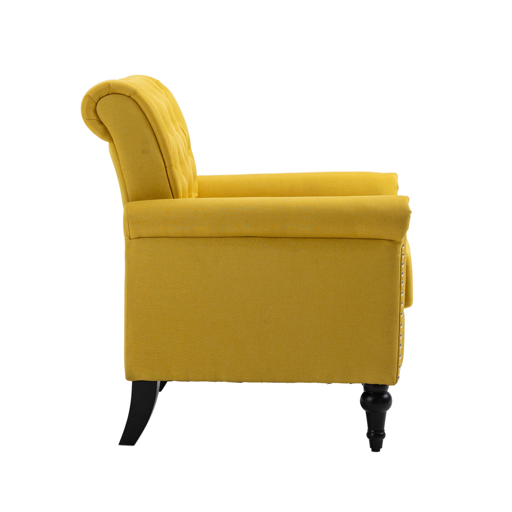 Mid Century Modern Accent Chair, Linen Armchair W Tufted Back Wood Legs, Upholstered Lounge Arm Chair Single Sofa For Living Room Bedroom, Yellow Yellow Foam Linen