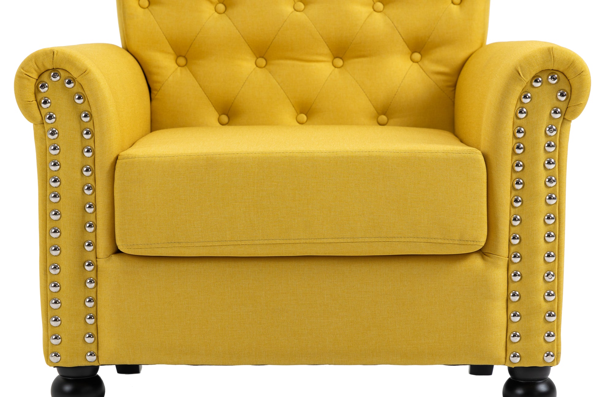 Mid Century Modern Accent Chair, Linen Armchair W Tufted Back Wood Legs, Upholstered Lounge Arm Chair Single Sofa For Living Room Bedroom, Yellow Yellow Foam Linen
