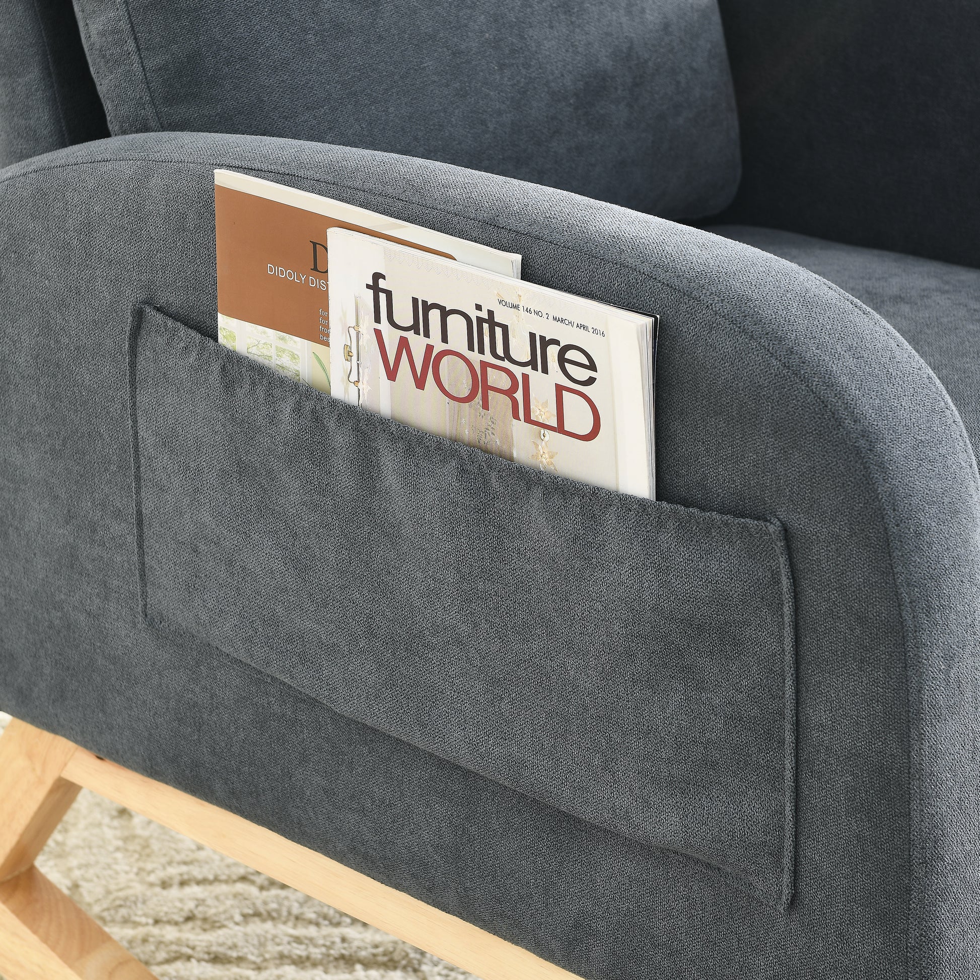 Video Welike 27.6"W Modern Accent High Backrest Living Room Lounge Arm Rocking Chair, Two Side Pocket W83453347 Dark Grey Foam Fabric