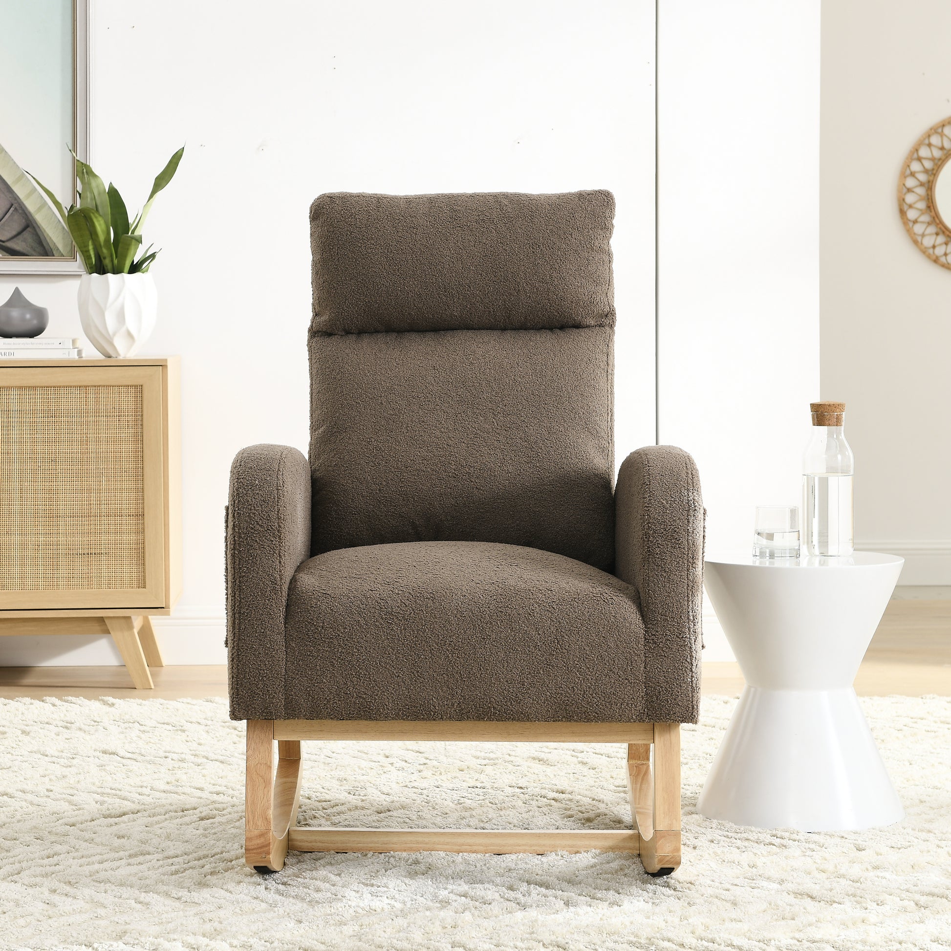 Video Welike 27.6"W Modern Accent High Backrest Living Room Lounge Arm Rocking Chair, Two Side Pocket W83453338 Coffee Foam Fabric