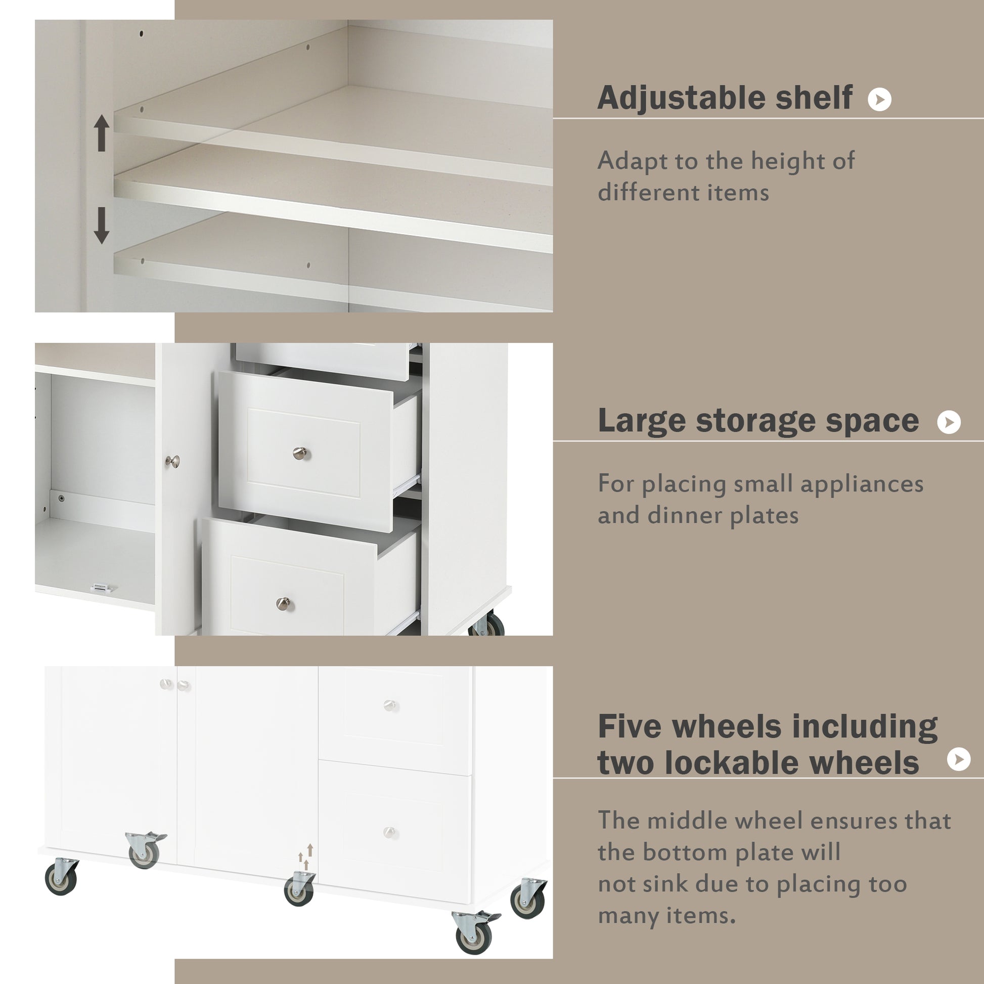 Rolling Mobile Kitchen Island With Solid Wood Top And Locking Wheels,52.7 Inch Width,Storage Cabinet And Drop Leaf Breakfast Bar,Spice Rack, Towel Rack & Drawer White White Mdf