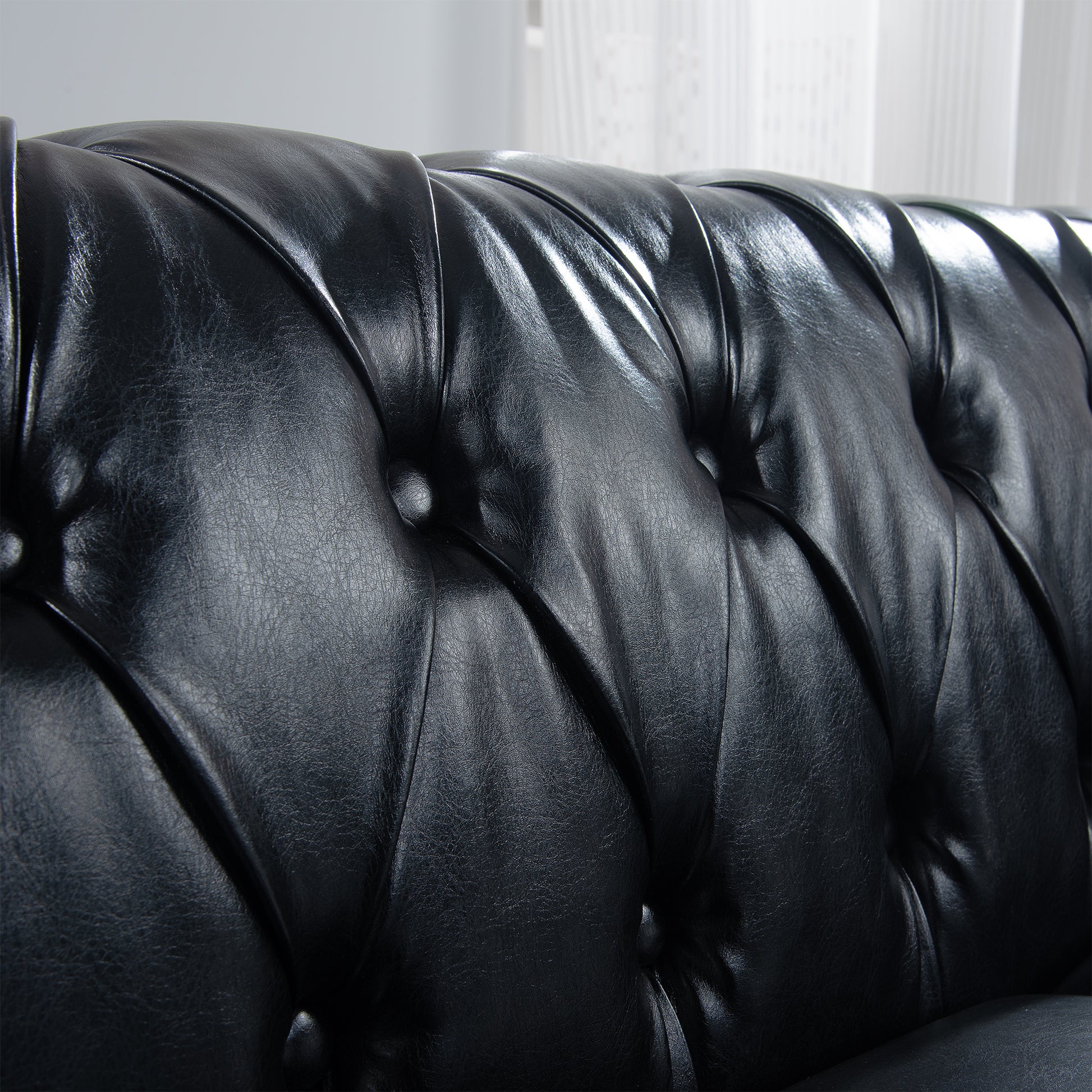 84.65" Black Pu Rolled Arm Chesterfield Three Seater Sofa. Black Foam Pu