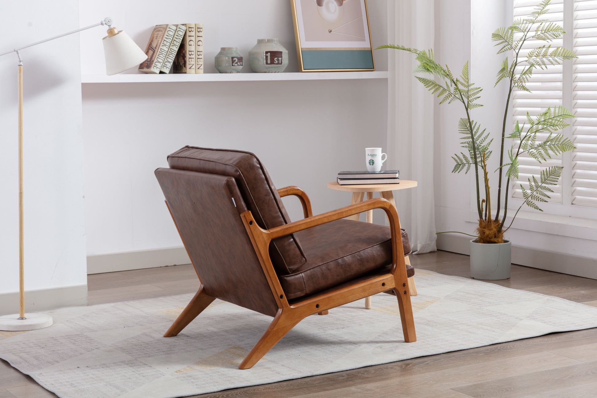 Coolmore Mid Century Modern Accent Chair, Comfy Fabric Living Room Chairs With Solid Wood Frame, Lounge Reading Armchair, Easy Assembly Brown Pu Brown Primary Living Space Foam Pu