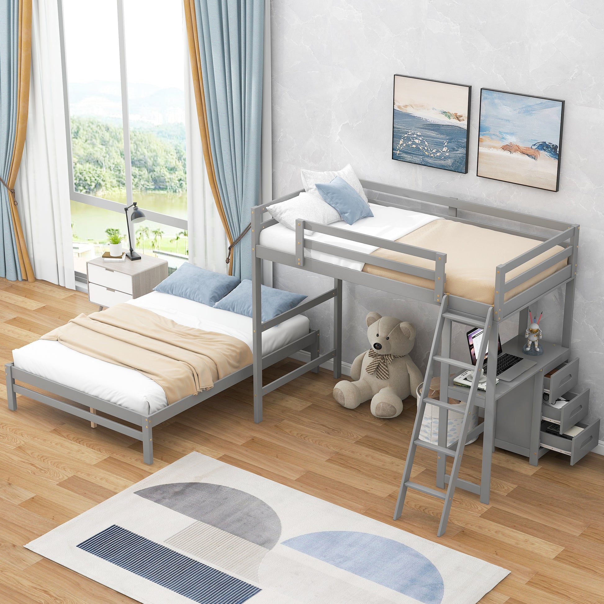 Twin Over Full Bunk Bed With Built In Desk And Three Drawers,Grey Grey Pine