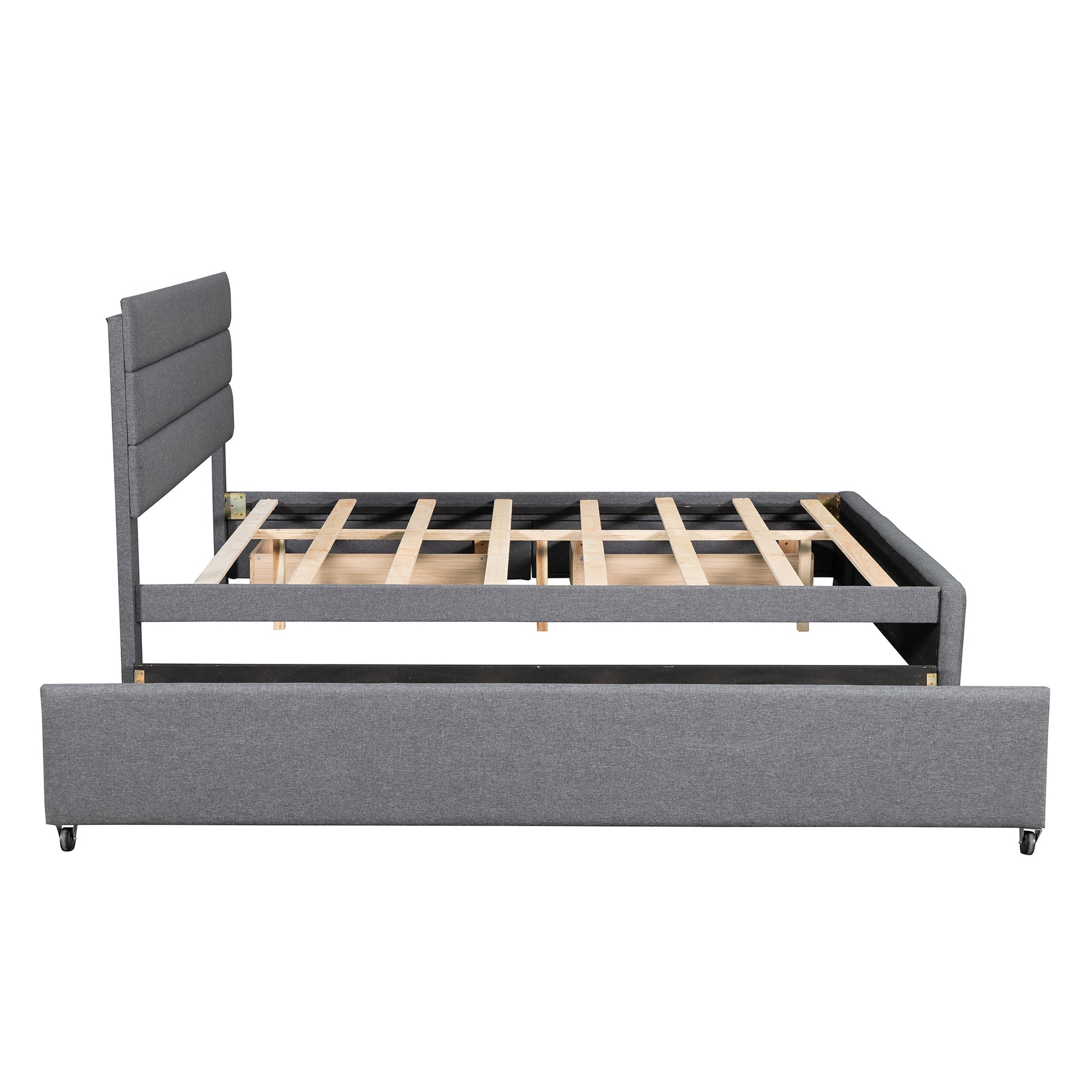 Queen Upholstered Platform Bed With Twin Size Trundle And Two Drawers,Grey Queen Grey Upholstered