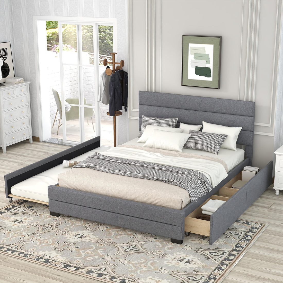Queen Upholstered Platform Bed With Twin Size Trundle And Two Drawers,Grey Queen Grey Upholstered