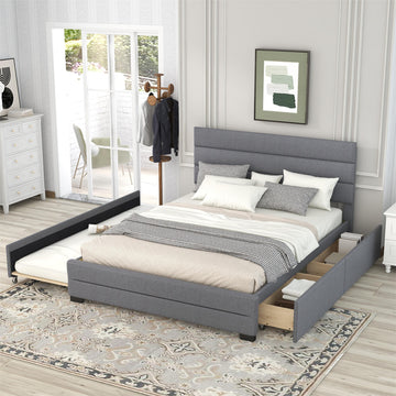 Queen Upholstered Platform Bed With Twin Size Trundle And Two Drawers,Grey Queen Grey Upholstered