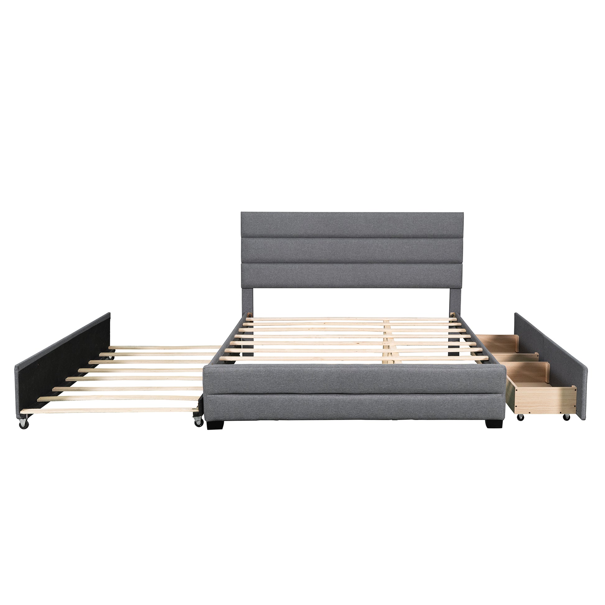 Queen Upholstered Platform Bed With Twin Size Trundle And Two Drawers,Grey Queen Grey Upholstered