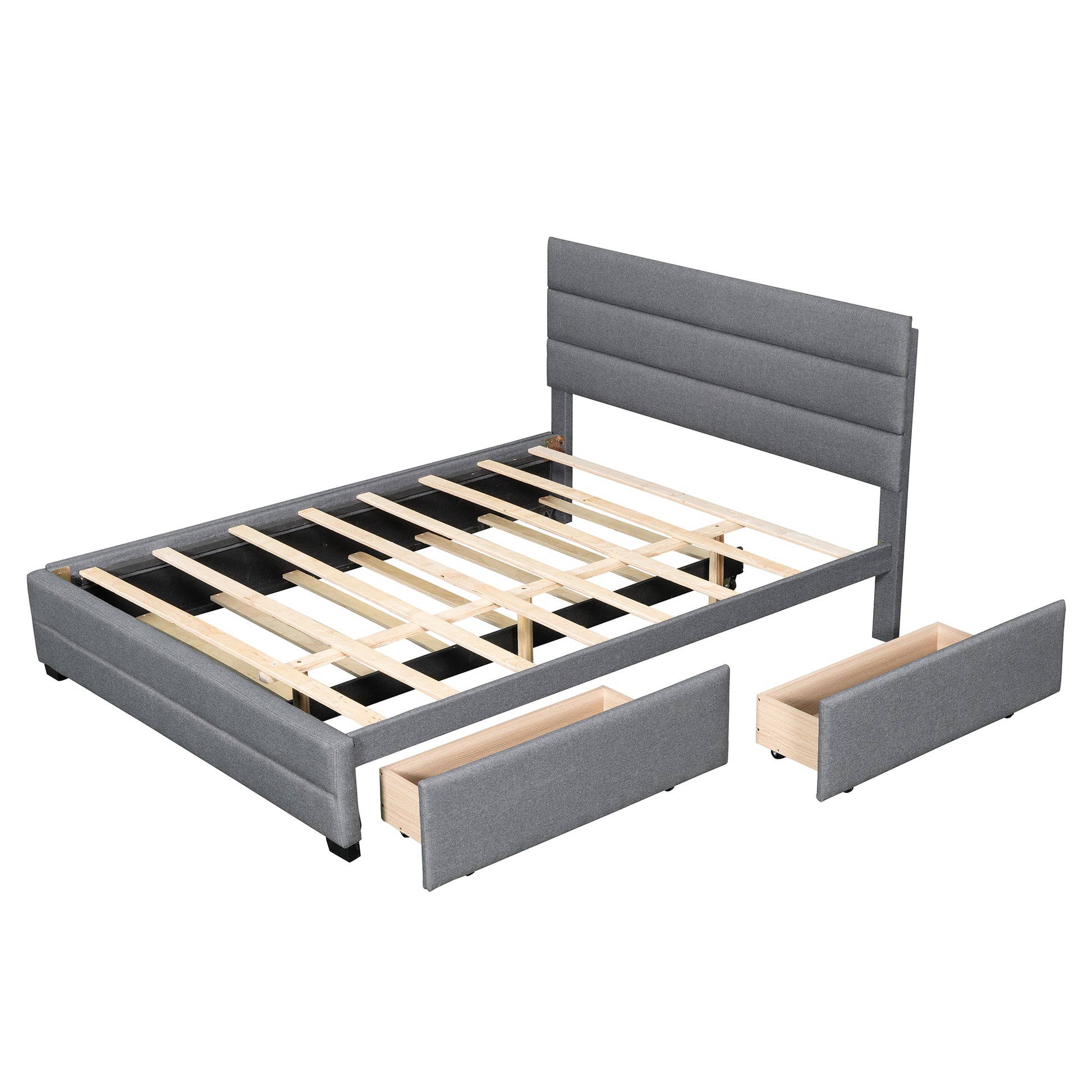 Queen Upholstered Platform Bed With Twin Size Trundle And Two Drawers,Grey Queen Grey Upholstered