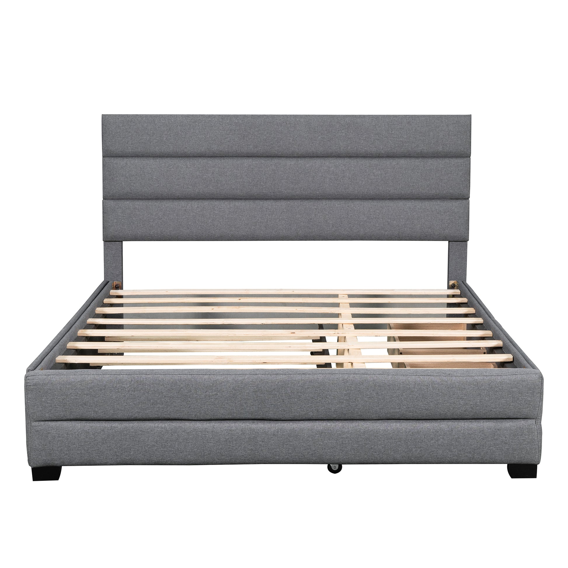 Queen Upholstered Platform Bed With Twin Size Trundle And Two Drawers,Grey Queen Grey Upholstered
