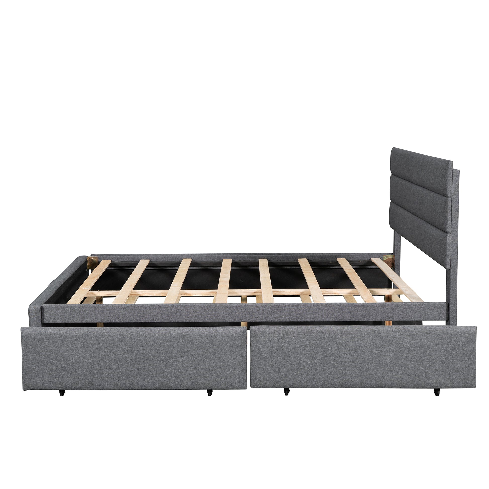 Queen Upholstered Platform Bed With Twin Size Trundle And Two Drawers,Grey Queen Grey Upholstered