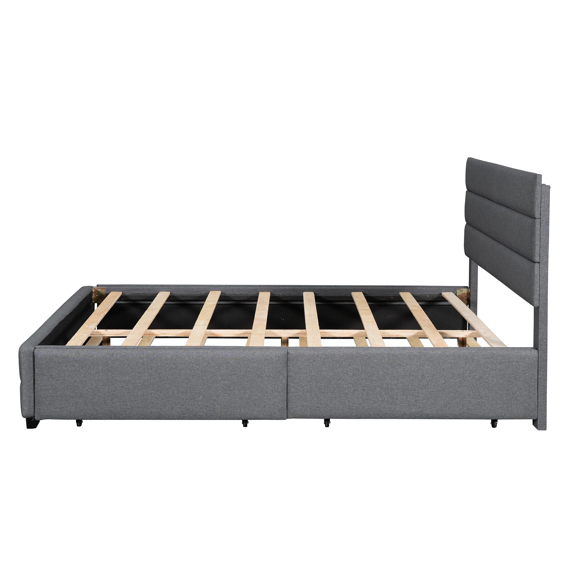 Queen Upholstered Platform Bed With Twin Size Trundle And Two Drawers,Grey Queen Grey Upholstered