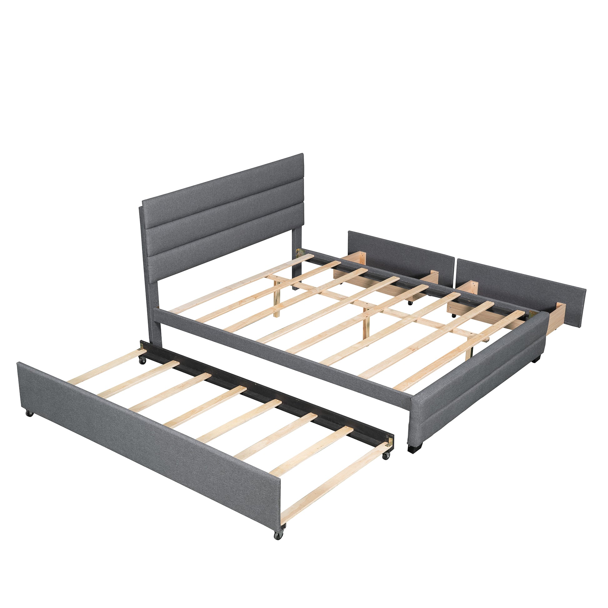 Queen Upholstered Platform Bed With Twin Size Trundle And Two Drawers,Grey Queen Grey Upholstered