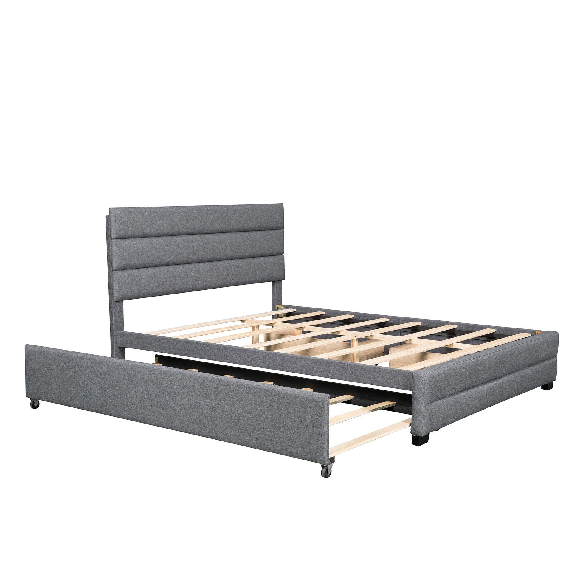 Queen Upholstered Platform Bed With Twin Size Trundle And Two Drawers,Grey Queen Grey Upholstered