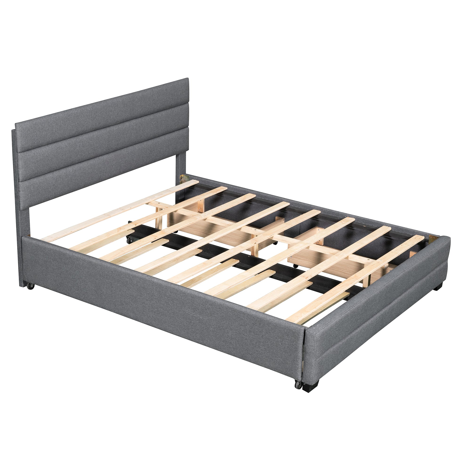 Queen Upholstered Platform Bed With Twin Size Trundle And Two Drawers,Grey Queen Grey Upholstered