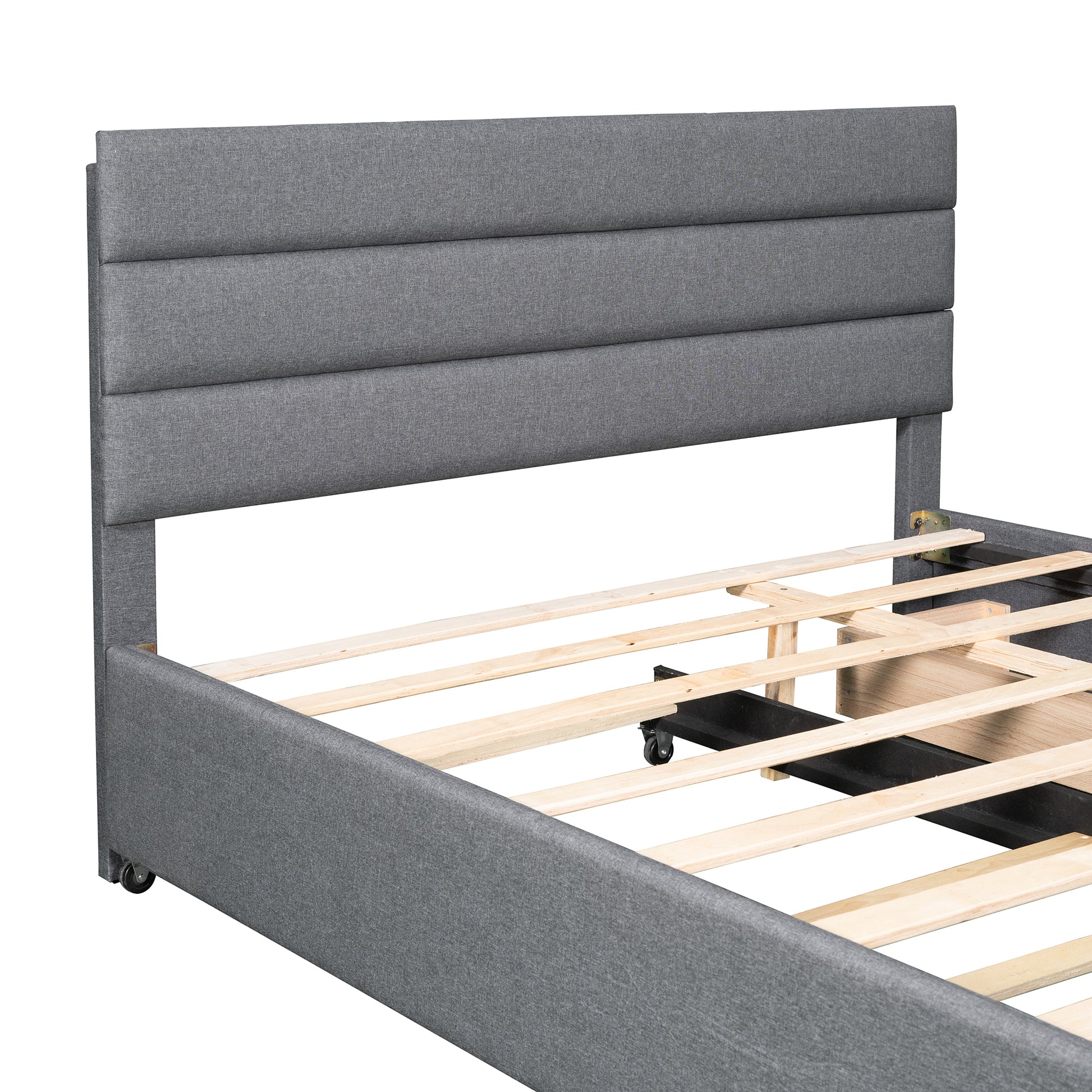 Queen Upholstered Platform Bed With Twin Size Trundle And Two Drawers,Grey Queen Grey Upholstered