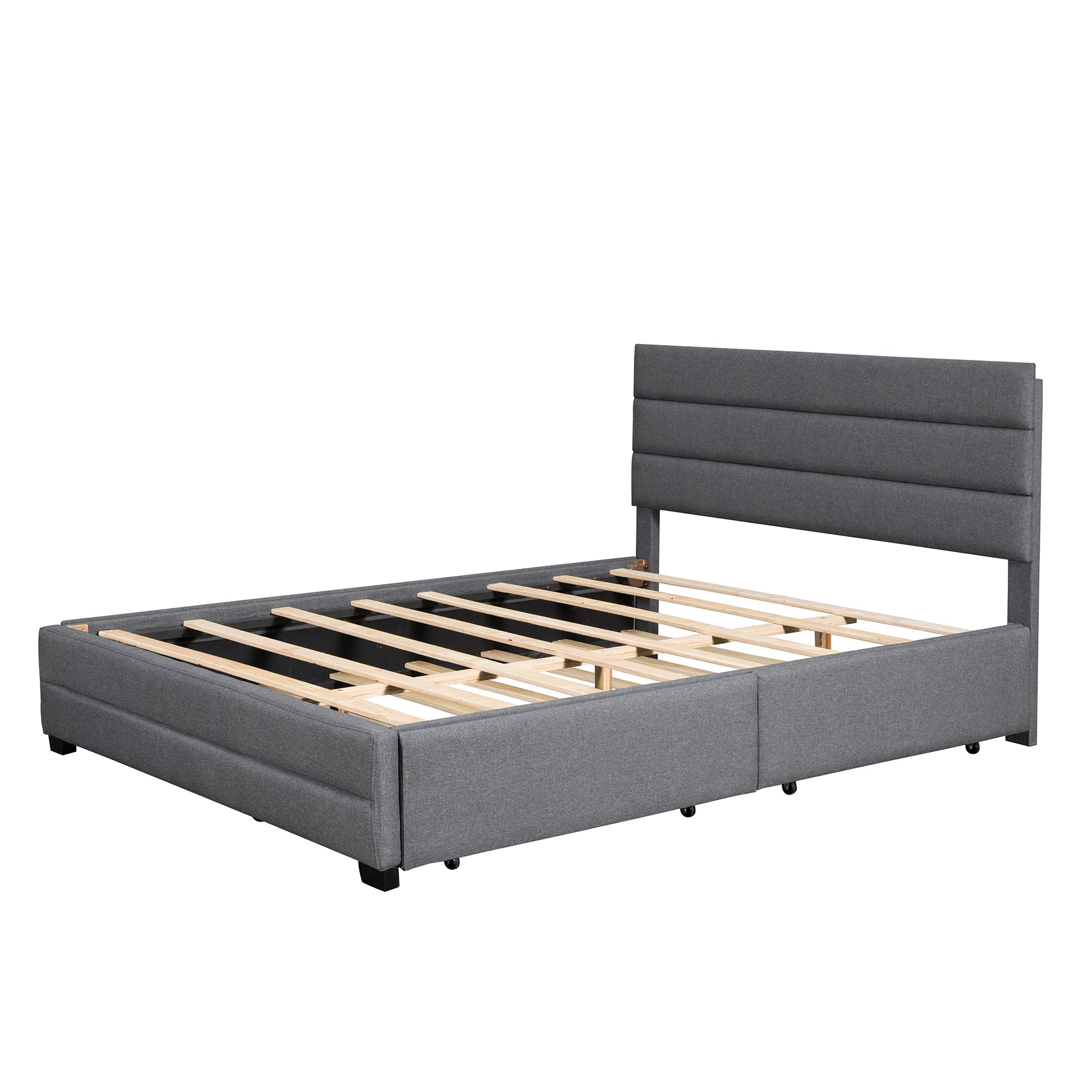 Queen Upholstered Platform Bed With Twin Size Trundle And Two Drawers,Grey Queen Grey Upholstered