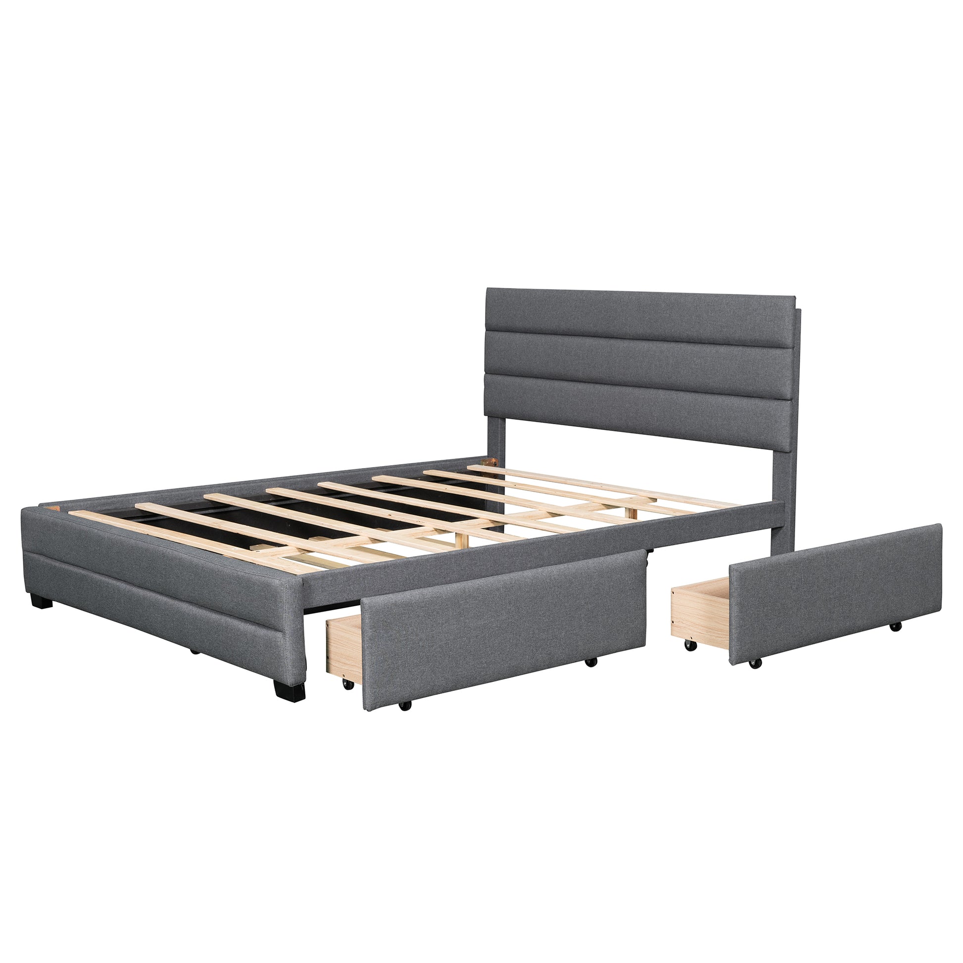 Queen Upholstered Platform Bed With Twin Size Trundle And Two Drawers,Grey Queen Grey Upholstered