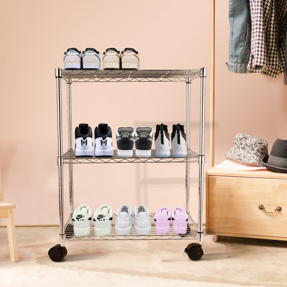 Simple Deluxe 3 Shelf Shelving With Wheels Steel Organizer 23"Wx13"Dx30"H Chrome Silver Iron