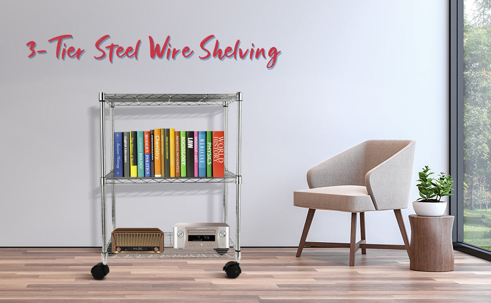 Simple Deluxe 3 Shelf Shelving With Wheels Steel Organizer 23"Wx13"Dx30"H Chrome Silver Iron