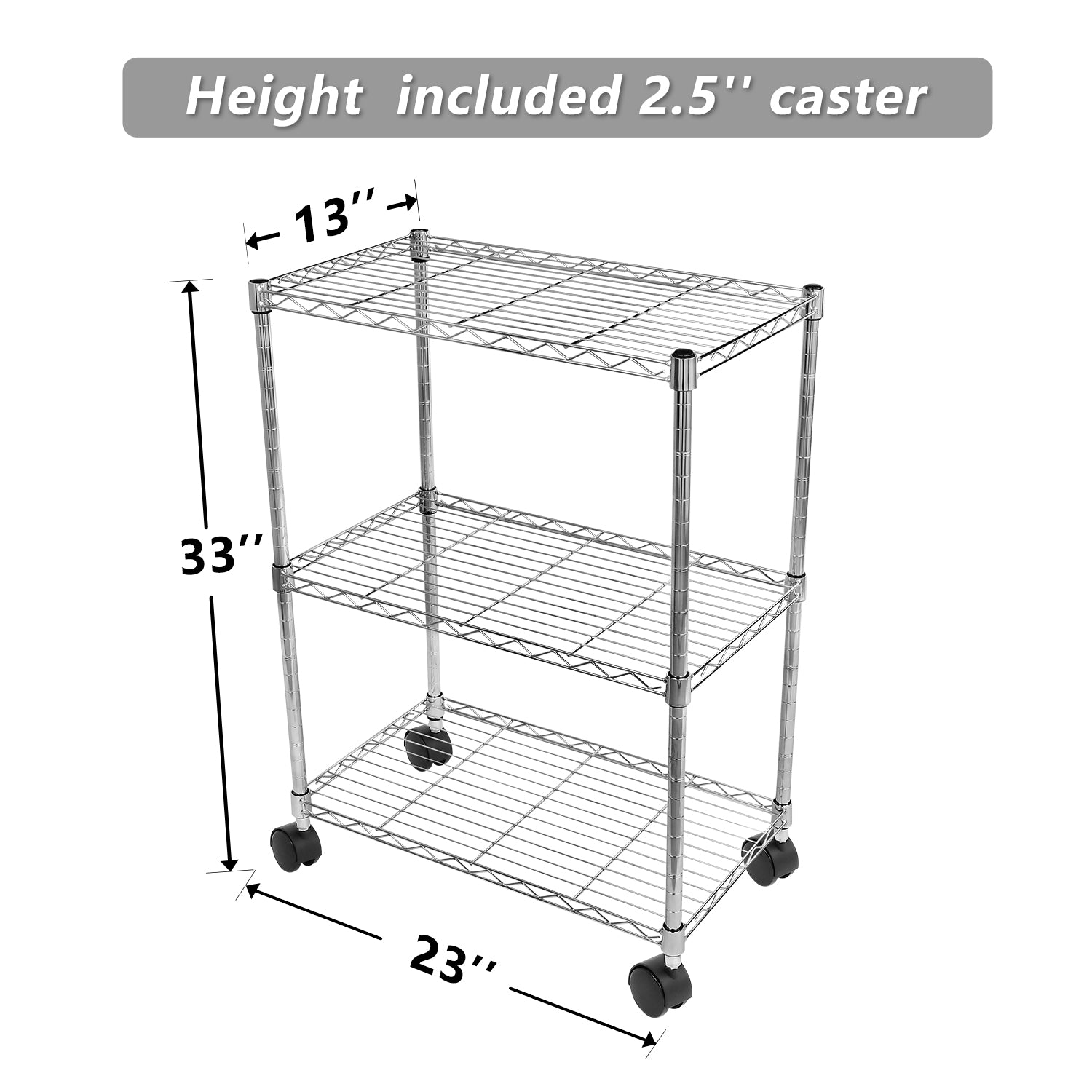 Simple Deluxe 3 Shelf Shelving With Wheels Steel Organizer 23"Wx13"Dx30"H Chrome Silver Iron
