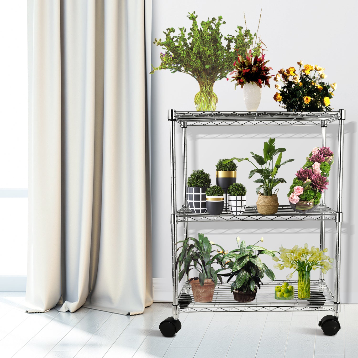 Simple Deluxe 3 Shelf Shelving With Wheels Steel Organizer 23"Wx13"Dx30"H Chrome Silver Iron